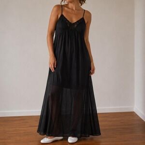 Vintage Black Sheer Slip Dress Lace Women L Fairy Whimsygoth Coquette 90s Y2K